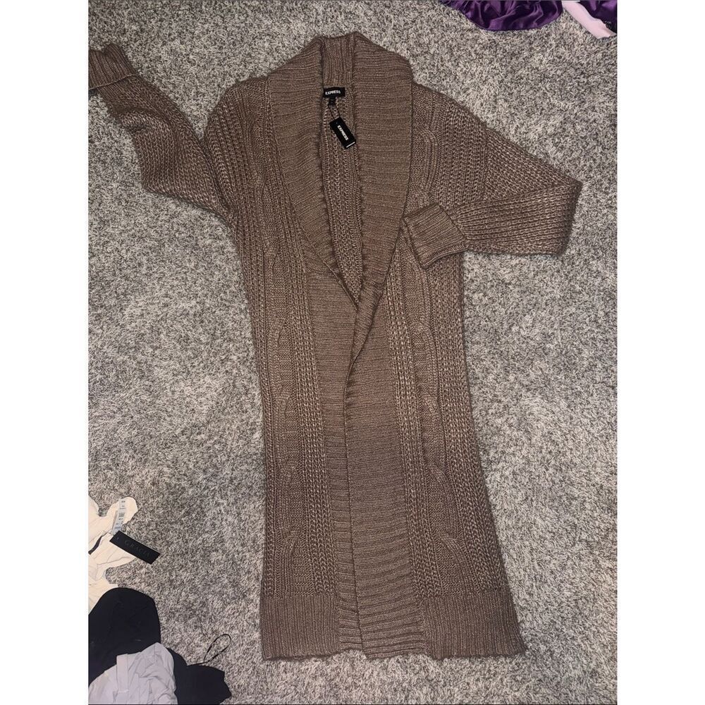Express Long Shawl-Collar Cable Knit Cardigan in Taupe